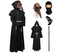 Máscara de médico de la peste, máscara de pico de pájaro de nariz larga, máscaras steampunk, bata de sacerdote, guantes de cuero, collar de cruz, cinturón de cetro, pasamontañas steampunk, disfraz de
