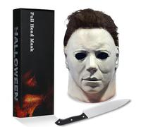 Máscara de Michael Myers para adultos: máscara de terror, máscara de látex aterradora de Halloween con pelo y cuchillo, máscaras de terror para carnaval (White)