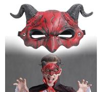 Máscara de miedo, máscara de Halloween, cuerno de diablo aterrador de media cara roja para Halloween, baile de máscaras, fiesta de cosplay, Halloween, para mayores de 14 años (rojo)