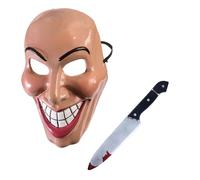 Máscara de purga de sonrisa malvada para mujer, máscara facial espeluznante y sonriente, cuchillo de plástico salpicado de sangre, 31 cm, juego de disfraz de purga aterradora de Halloween