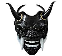 Máscara de Samurai Oni, máscara de Hannya Hannya, de látex, máscara de samurai de cara completa con colmillos con colmillos y bueyes, 11x9.5 Horror Devil Mask con banda elástica para Hallow