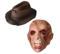 Máscara freddy látex rostro quemado krueger, cabeza completa, dientes amarillos, Halloween cosplay adulto unisex, talla única, orificios visión y respiración (Máscara+Gorro Latex, Talla única)
