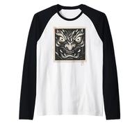 Máscara japonesa Oni Demon Yokai Vintage Woodblock Print Camiseta Manga Raglan