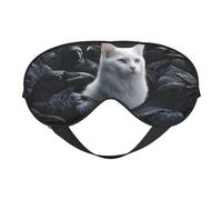 Máscara para dormir con diseño de gato blanco y cuervos negros, con correa ajustable, bloquea la luz, ideal para mujeres, hombres, viajes en avión, siestas y meditación.