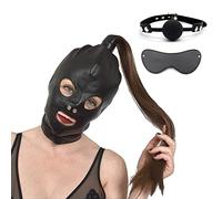 Máscara para la cabeza, máscara facial completa con mordaza y venda para los ojos y peluca extraíble, máscara de aislamiento de cuero suave, juguete sexual erótico fetiche SM para mujeres, hombres