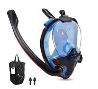 Mascara Snorkel, Mascara de Buceo, Snorkel Adulto Panorámicas de 180°, Masca ra Buceo con Lente de Vidrio,Anti-vaho Anti-Fuga Compatible con Soporte de Cámara(Negro Azul,L)