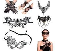 Máscara Veneciana de Encaje 6 Piezas Set de Disfraces con 2 Máscaras de Encaje Negro, 2 Collares Ajustables y 2 Guantes Largos, Accesorios Góticos para Carnaval, Fiesta de Disfraces y Hallow