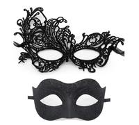 Mascara Veneciana Pareja, 2 Piezas Antifaz Disfraz Brillante Máscaras Venecianas, Mascaras Carnaval Máscaras Veneciana para Hombre Mujer Disfraces Fiesta Accesorios (Negro)