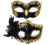 Máscara Veneciana Parejas, 2PCS Halloween Máscara de Mascarada Máscaras de Ojos de Encaje Máscaras de Mardi Gras Máscarass de Baile para Hombre y Mujer Fiesta Accesorios para Mascarada(Oro)