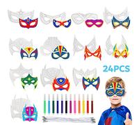 Máscaras de Superhéroe Niño, 24 Piezas Blanco Máscaras para Colorear con Bolígrafos, Superhéroe Máscaras de Fiesta, Máscara de Cosplay para Infantil Adultos Cumpleaños, Carnaval, Halloween, Navidad