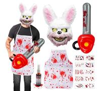 Mascaras Halloween de Terror Set, con Mascara Conejo Halloween, Delantal Sangriento, Tatuaje de Cicatriz de Halloween Pegatinas, Motosierra Inflable, MáScara de Conejito Sangriento, Asesino Conejo