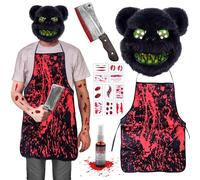 Mascaras Halloween de Terror Set, con Mascara Oso Halloween, Delantal Sangriento, Tatuaje de Cicatriz de Halloween Pegatinas, Cuchillo de Juguete Halloween, Máscara de Oso de Terror