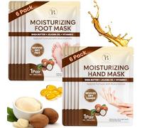 Mascarilla Hidratante Manos y Pies con Karité, Jojoba, Vitamina E, 6 Pares | Se Adaptan a Distintos Tamaños para Hombres y Mujeres, Incluye 6 Pares de Guantes y 6 Pares de Calcetines