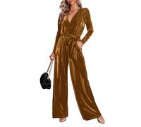 MASCOMODA Overol de terciopelo de manga larga y pierna ancha para mujer, elegante cuello en V, con cinturón, trajes de otoño de una pieza con bolsillo, Marrón, M