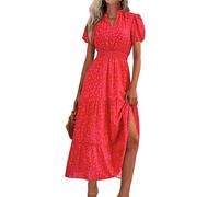 MASCOMODA Vestido largo de verano para mujer, estilo casual, cuello en V, manga corta, fruncido, fluido, para playa, bohemio, vestido floral, Rojo (F-Red), Large