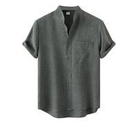 Masculino de Verano Casual Top Sólido Button de Manga Corta Camisa Suelta Pocket Stand Camisa Blase Fashion Tops (Green, XL)