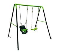 MASGAMES | Columpio metálico | Anclajes para Suelo de Arena o césped incluidos | Uso doméstico | (Olea Asientos Planos + Asiento bebé Extra)