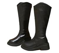 MASHANGGOU Botas altas de tacón grueso para mujer, punta redonda, corte ajustado, botas de cuero impermeables y no deslizantes, Negro , 38 EU