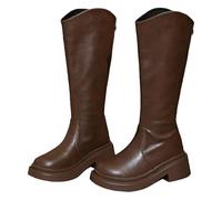 MASHANGGOU Botas altas de tacón grueso para mujer, punta redonda, corte ajustado, botas de cuero impermeables y no deslizantes, marrón, 37 EU