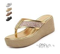MASHANGGOU Chanclas brillantes para mujer, sandalias de hong con plataforma brillante, sin deslizamiento, puntera abierta, verano, playa, zapatos de boda, dorado, 39 EU
