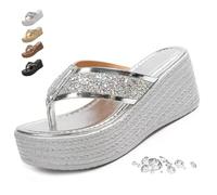 MASHANGGOU Chanclas brillantes para mujer, sandalias de hong con plataforma brillante, sin deslizamiento, puntera abierta, verano, playa, zapatos de boda, plata, 38 EU
