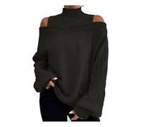 MASHANGGOU Cold Shoulder Sweaters for Women, Turtleneck Cable Knit Sweater Women Cold Shoulder Long Sleeve Sweaters for Trendy Spring Pullovers, Negro , 3XL