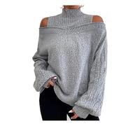MASHANGGOU Cold Shoulder Sweaters for Women, Turtleneck Cable Knit Sweater Women Cold Shoulder Long Sleeve Sweaters for Trendy Spring Pullovers, gris, S