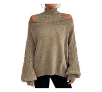 MASHANGGOU Cold Shoulder Sweaters for Women, Turtleneck Cable Knit Sweater Women Cold Shoulder Long Sleeve Sweaters for Trendy Spring Pullovers, caqui, XXL