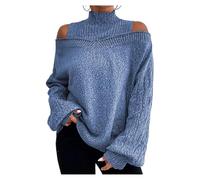 MASHANGGOU Cold Shoulder Sweaters for Women, Turtleneck Cable Knit Sweater Women Cold Shoulder Long Sleeve Sweaters for Trendy Spring Pullovers, azul, M