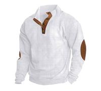 MASHANGGOU Mens Casual Corduroy Sweatshirt,Long Sleeve Collared Pullover with 1/4 Button Up, Elbow Patches Western Style Casual Shirt for Men (White,XXL)