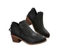 MASHANGGOU V Cut Ankle Boots for Women, Pointed Toe Chunky Stacked Low Heel Booties, Casual Western Cowboy Short Boots, Back Zip Up Pull On Comfy Dressy Booties for Daily Wear (Black,39)