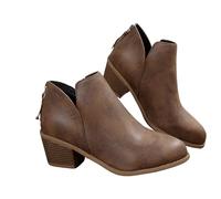MASHANGGOU V Cut Ankle Boots for Women, Pointed Toe Chunky Stacked Low Heel Booties, Casual Western Cowboy Short Boots, Back Zip Up Pull On Comfy Dressy Booties for Daily Wear (Brown,40)