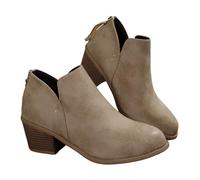 MASHANGGOU V Cut Ankle Boots for Women, Pointed Toe Chunky Stacked Low Heel Booties, Casual Western Cowboy Short Boots, Back Zip Up Pull On Comfy Dressy Booties for Daily Wear (Khaki,40)