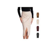 MASHANGGOU Women Faux Leather Skirts High Waisted Midi Pencil Skirt with Front Slit Ruched Wrap Bodycon Design, PU Leather Skirt for Autumn Winter Business Work Outfits (Beige,L)