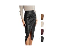 MASHANGGOU Women Faux Leather Skirts High Waisted Midi Pencil Skirt with Front Slit Ruched Wrap Bodycon Design, PU Leather Skirt for Autumn Winter Business Work Outfits (Black,S)
