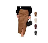 MASHANGGOU Women Faux Leather Skirts High Waisted Midi Pencil Skirt with Front Slit Ruched Wrap Bodycon Design, PU Leather Skirt for Autumn Winter Business Work Outfits (Brown,L)