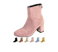 MASHANGGOU Women's Ankle Boots Winter Casual Suede Short Boots, Comfort Mid Block Heel Square Toe Back Zipper Ankle Booties for Ladies, Plus Size Available (Pink,40)