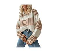 MASHANGGOU Women's Casual Striped Patchwork Drop Shoulder Loose Sweater, Oversized Long Sleeve Crew Neck Knit Jumper, Soft Warm Trendy Pullover Tops for Women Daily Wear Holiday (Khaki,XL)