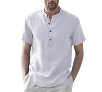 Mashaouyo Camisa de lino para hombre, con botones, color blanco, polo de lino, camisa de vestir, chaquetas ajustadas, traje de verano del Reino Unido, camisas ajustadas, camisas de vestir sobre