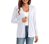 Mashaouyo Cárdigan largo de verano para mujer, con bolsillos, ligero, delgado, recortado, ligero, para mujer, suéter de punto casual, blanco, S