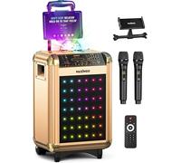 MASINGO Máquina de karaoke para adultos y niños con 2 micrófonos inalámbricos Bluetooth. Sistema de altavoces PA portátil con luces de fiesta de bola de discoteca, soporte para tableta con pantalla de