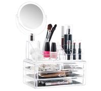 Masisrs Clear Makeup Organizer With Mirror - Cosmetic Storage Organizer - 16 Compartments - Easily Sort Make Up & Jewelry - 4 Drawer Vanity Organizer