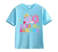 Maskjuwio Girls and Boys Casual Short Sleeved T Shirt 100 Days of School Opening 100 Days Aniversary Personality Loose Short Sleeved Tomates secos, azul claro, 6-7 años