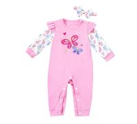 Maskjuwio Girls' Long Sleeved Crawler Headband Two Piece Suit Can Be Open Gear Bow Pattern Sticker Cute Leisure Girl Body (Rosa, 3-6 Meses)