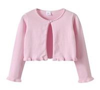 Maskjuwio Girls Spring and Fall Round Neck Wooden Ear Edge Pearl Knitted Cardigan Chaqueta acolchada ligera para mujer, Rosa., 7-8 años