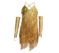 Maskjuwio Niñas Lentejuelas Flecos Ropa de Baile Latina Conjunto Brillante Sin Mangas Borla Falda de Baile Brillo Tul, dorado, S