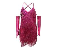 Maskjuwio Niñas Lentejuelas Flecos Ropa de Baile Latina Conjunto Brillante Sin Mangas Borla Falda de Baile Brillo Tul, Rosa intenso., M