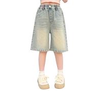 Maskjuwio Pantalones cortos de niña Primavera Vaqueros medianos y grandes de cinco puntos Pantalones cortos de mezclilla casuales delgados Ropa deportiva, azul claro, 12-13 años