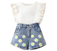 Maskjuwio Ropa infantil Niña Traje Foreign Girl New Mesh Lace Top Bordado Denim Shorts Niñas Conjunto de Ropa 92, Blanco, 4-5 años