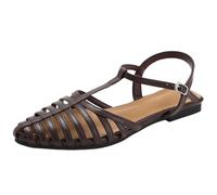 Maskjuwio Sandalias planas para mujer, con tiras y puntera cerrada, sandalias de punta puntiaguda, sandalias romanas con barra en T, zapatos tejidos ligeros, zapatos retro elegantes, zapatos de